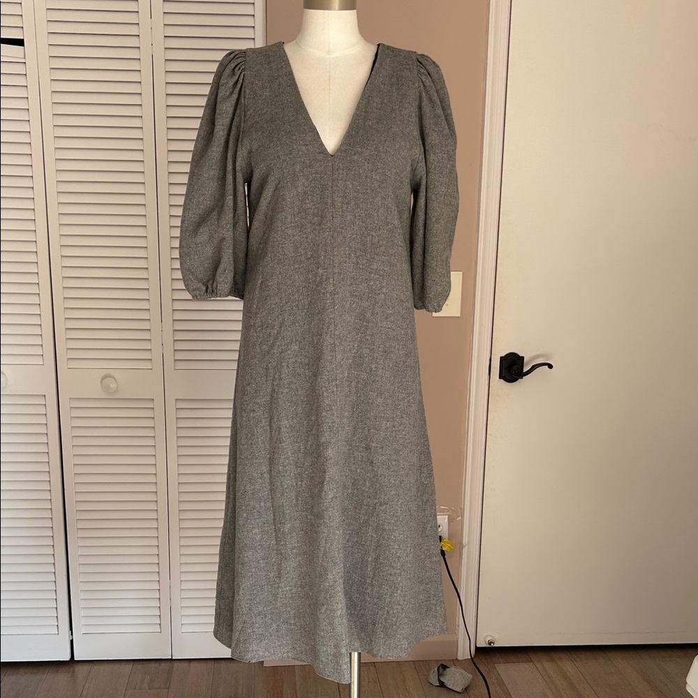 Zara wool blend gray n-neck puff sleeve midi dress minimalist size L